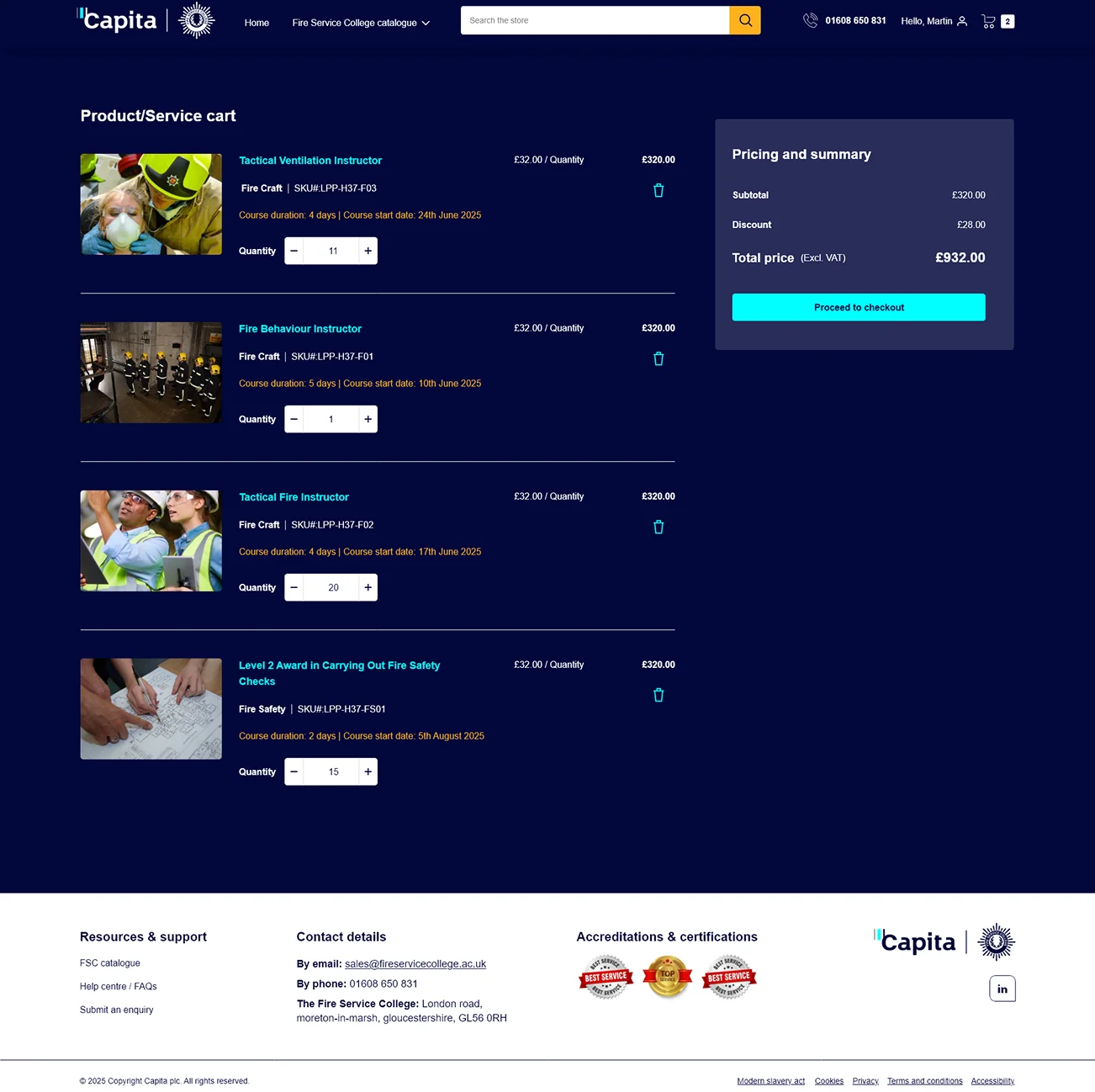 Shopping cart with multiple courses and pricing summary