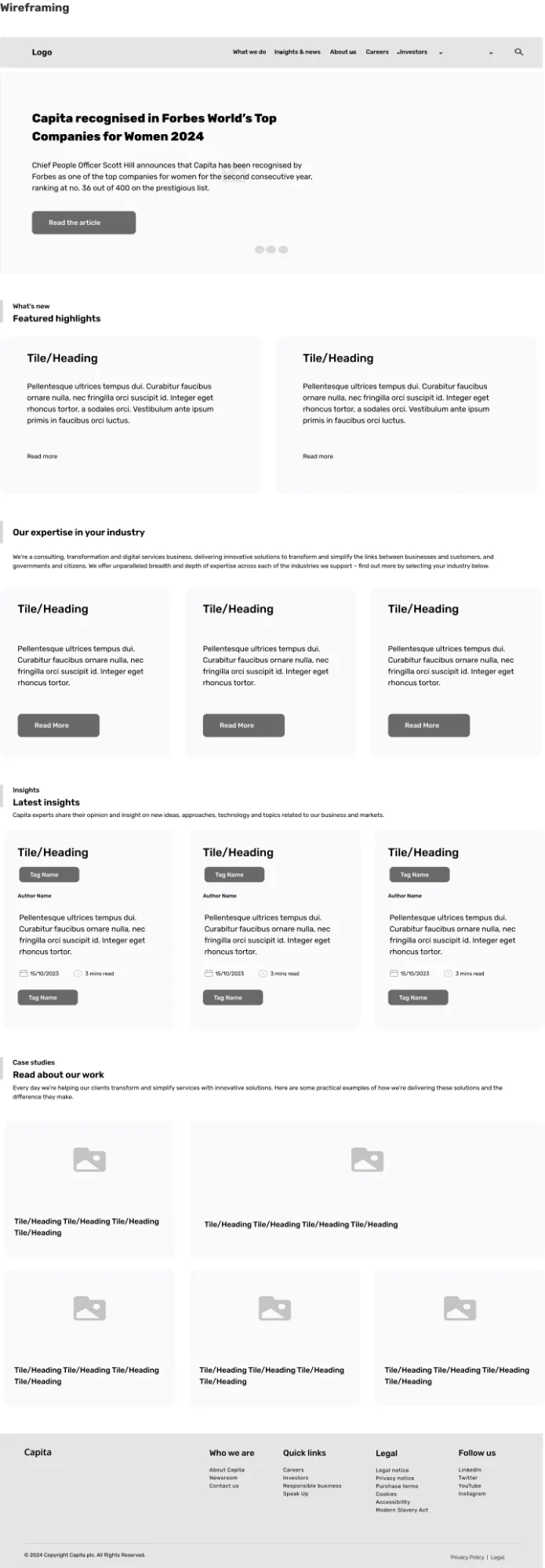 Homepage wireframe with sections for highlights, insights, and case studies
