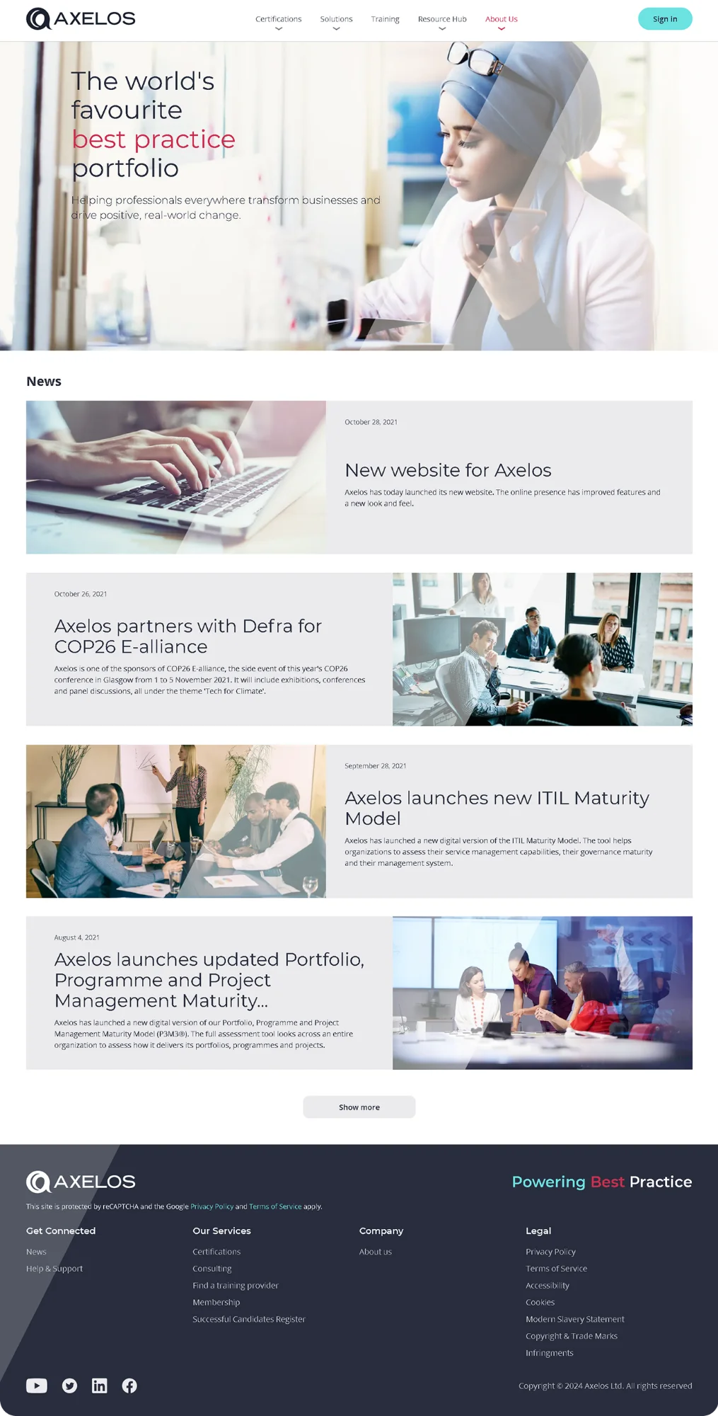 Axelos platform dashboard showing news and best practice portfolio