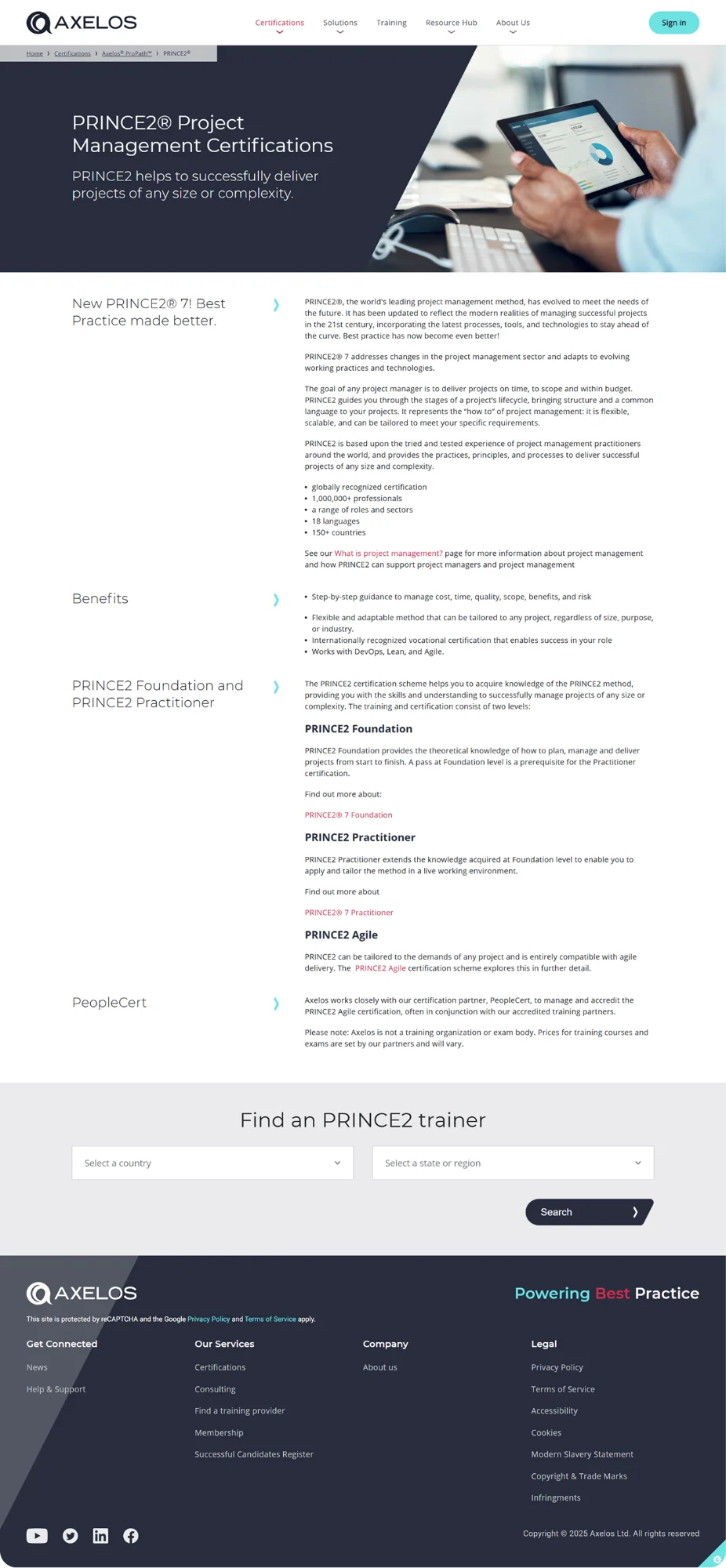 PRINCE2 Project Management Certifications page with accessible design